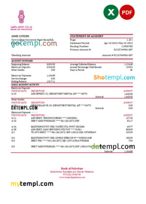 editable template, Palestine Bank of Palestine bank statement Excel and PDF template