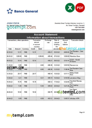 editable template, Panama Banco General bank statement Excel and PDF template