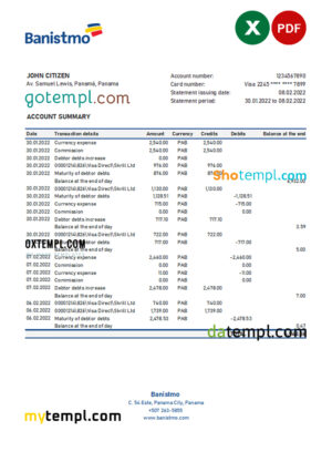 editable template, Panama Banistmo bank statement Excel and PDF template