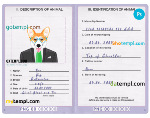 FREE editable template, Papua New Guinea dog (animal, pet) passport PSD template, fully editable