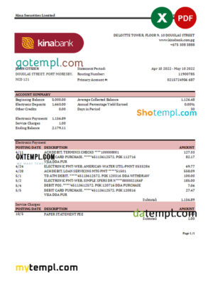 editable template, Papua New Guinea Kina Securities Limites bank statement Excel and PDF template