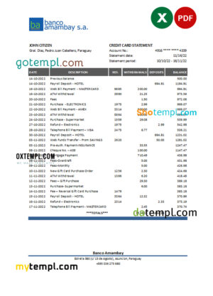 editable template, Paraguay Banco Amambay bank statement Excel and PDF template