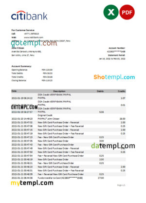 editable template, Peru Citibank bank statement Excel and PDF template