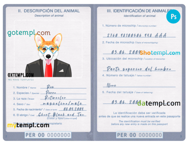 FREE editable template, Peru dog (animal, pet) passport PSD template, completely editable