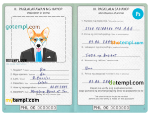 FREE editable template, Philippines dog (animal, pet) passport PSD template, fully editable