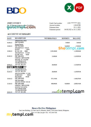 editable template, Philippines BDO bank statement Excel and PDF template
