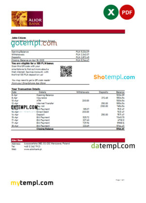 editable template, Poland Alior bank statement Excel and PDF template