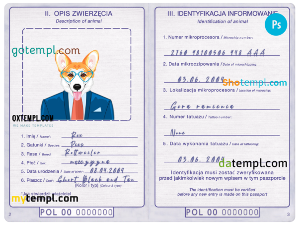 FREE editable template, Poland dog (animal, pet) passport PSD template, fully editable