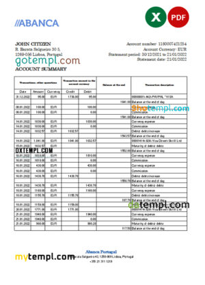 editable template, Portugal Abanca bank statement Excel and PDF template