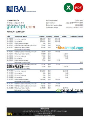 editable template, Portugal Banco BAI Europa bank statement Excel and PDF template