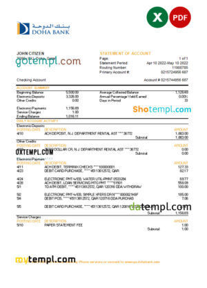editable template, Qatar Doha bank statement, Excel and PDF template