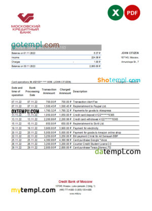 editable template, Russia Credit Bank of Moscow bank statement, Excel and PDF template