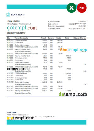 editable template, Russia Zenit bank statement, Excel and PDF template