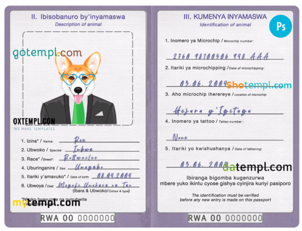 FREE editable template, Rwanda dog (animal, pet) passport PSD template, fully editable