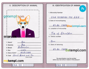 FREE editable template, Saint Kitts and Nevis dog (animal, pet) passport PSD template, fully editable