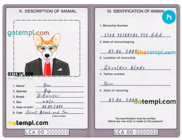 FREE editable template, Saint Lucia dog (animal, pet) passport PSD template, completely editable