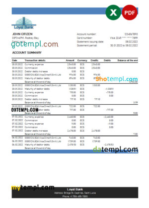 editable template, Saint Lucia Loyal bank statement, Excel and PDF template