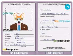 FREE editable template, Saint Vincent and the Grenadines dog (animal, pet) passport PSD template, fully editable
