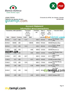 editable template, Salvador Banco Azteca bank statement, Excel and PDF template
