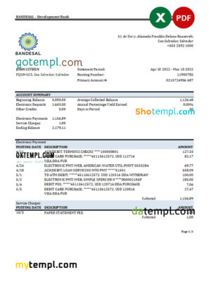 editable template, Salvador Bandesal bank statement, Excel and PDF template