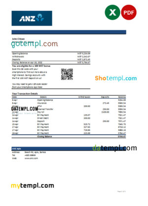 editable template, Samoa ANZ bank statement, Excel and PDF template