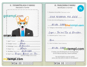 FREE editable template, Samoa dog (animal, pet) passport PSD template, completely editable
