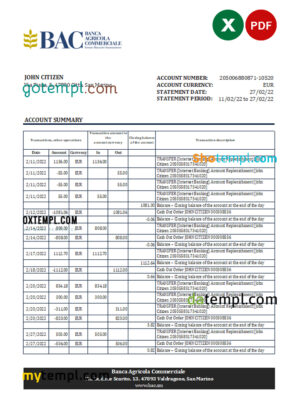 editable template, San Marino Banca Agricole Commerciale bank statement, Excel and PDF template