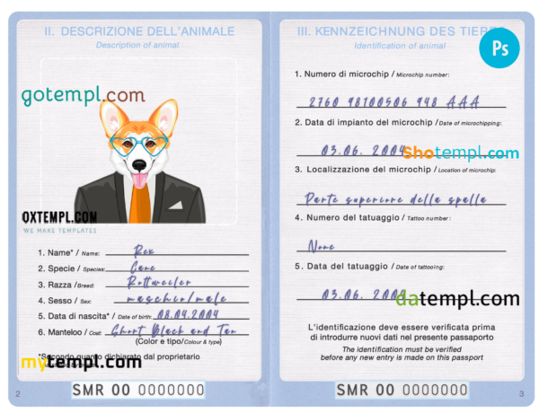 FREE editable template, San Marino dog (animal, pet) passport PSD template, fully editable