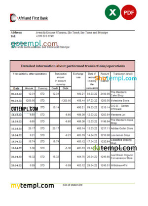 editable template, Sao Tome and Principe Afriland First bank statement, Excel and PDF template