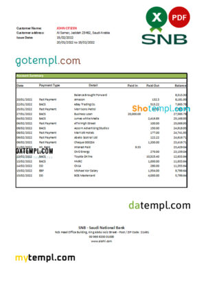 editable template, Saudi Arabia SNB bank statement, Excel and PDF template