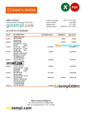 editable template, Serbia Banca Intesa bank statement, Excel and PDF template