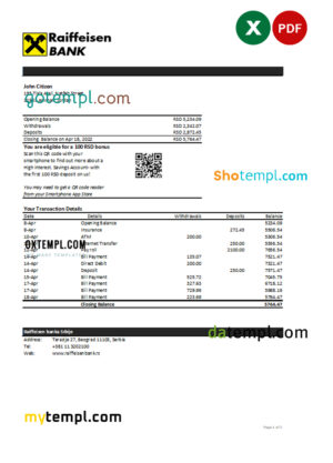 editable template, Serbia Raiffeisen bank statement, Excel and PDF template
