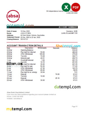 editable template, Seychelles ABSA bank statement, Excel and PDF template