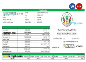 editable template, UAE Sharjah Electricity & Water Authority tax invoice Word and PDF template