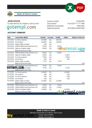 editable template, Sierra Leone Bank of Sierra Leone bank statement, Excel and PDF template