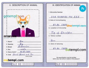 FREE editable template, Sierra Leone dog (animal, pet) passport PSD template, fully editable