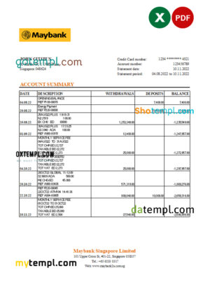 editable template, Singapore Maybank bank statement, Excel and PDF template