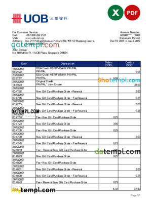 editable template, Singapore UOB bank statement, Excel and PDF template