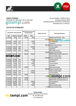 editable template, Slovakia Tatra bank statement, Excel and PDF template, version 2