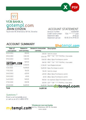 editable template, Slovakia VUB bank statement, Excel and PDF template