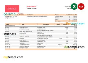 editable template, Slovenia Addiko bank statement, Excel and PDF template