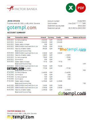 editable template, Slovenia Factor Banka bank statement, Excel and PDF template