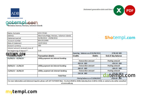 editable template, Solomon Islands ADB bank statement, Excel and PDF template