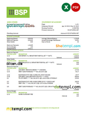 editable template, Solomon Islands BSP bank statement, Excel and PDF template