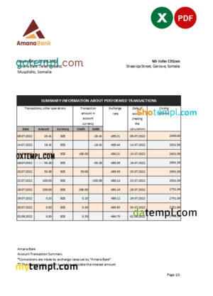 editable template, Somalia Amana bank statement, Excel and PDF template