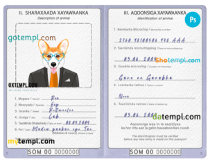 FREE editable template, Somalia dog (animal, pet) passport PSD template, fully editable