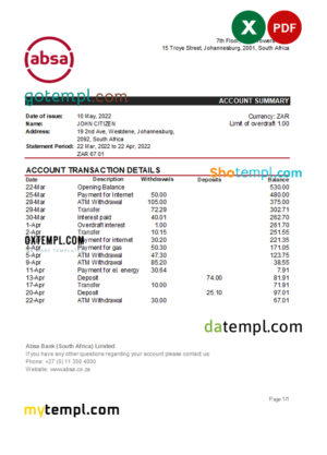 editable template, South Africa ABSA bank statement, Excel and PDF template