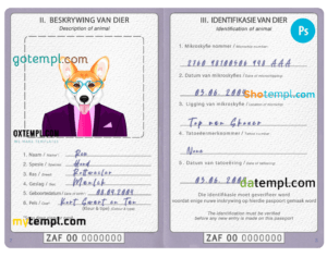 FREE editable template, South Africa dog (animal, pet) passport PSD template, fully editable