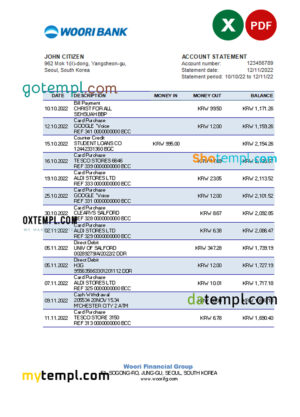 editable template, South Korea Woori bank statement, Excel and PDF template