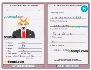 FREE editable template, South Sudan dog (animal, pet) passport PSD template, fully editable